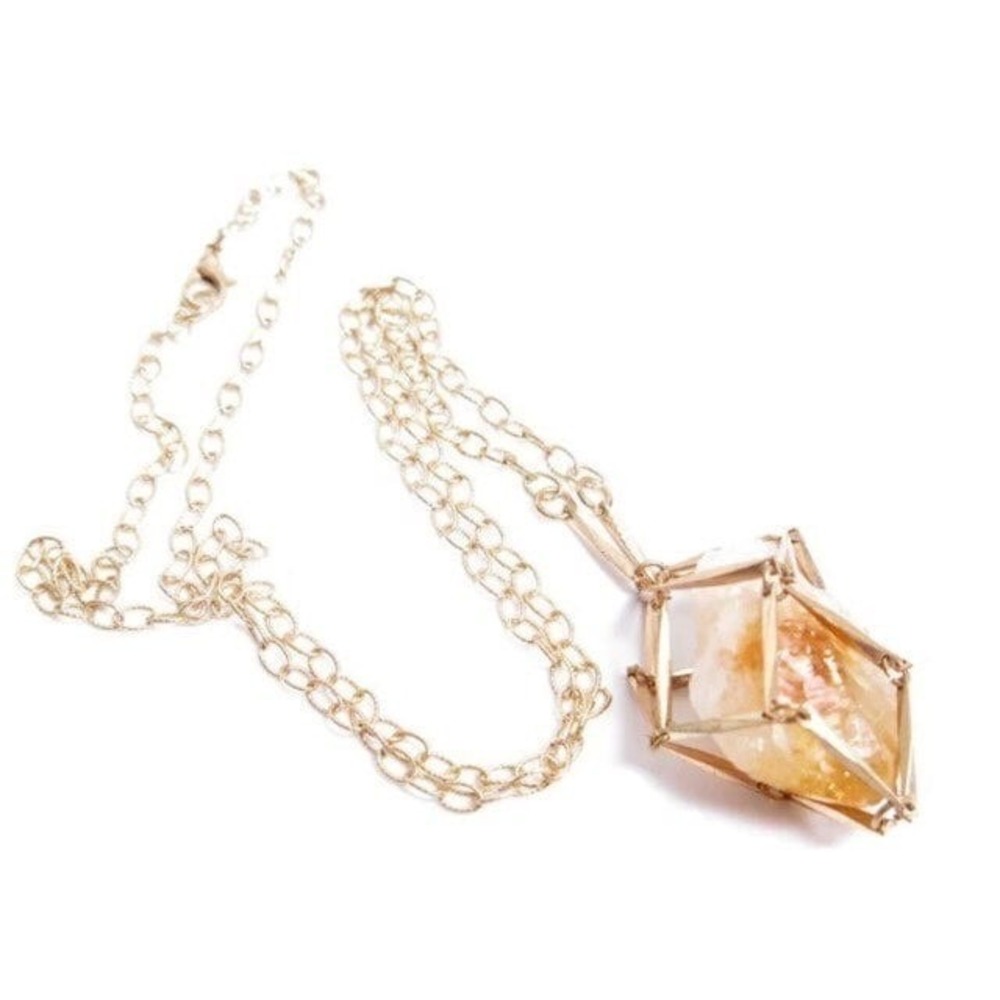 Fabulous large Topaz & Clear Quartz Caged Crystal pendant Gold Toned Chain 28".